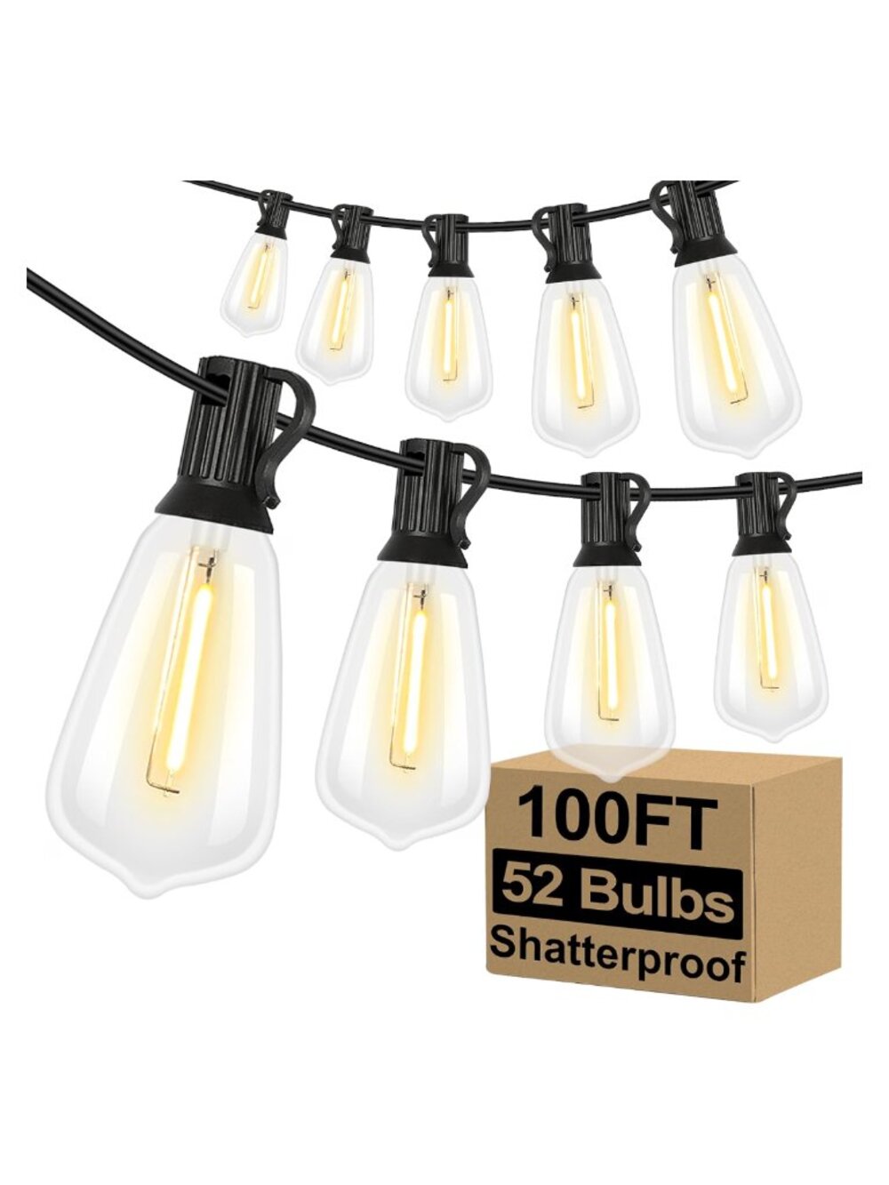 100FT Outdoor String Lights 52 Shatterproof LED Bulbs Waterproof Patio Bistro